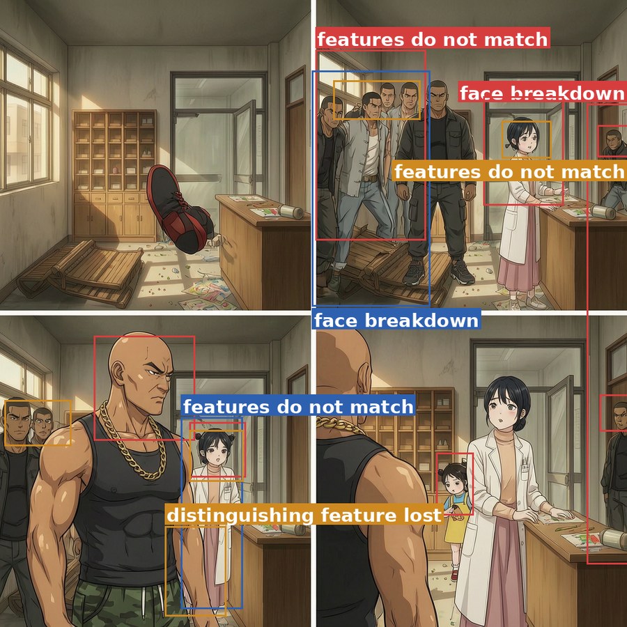 Four-panel keyframe with fifteen annotator boxes, every one on a face
