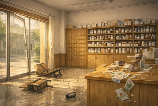 Scene reference, the Gu family clinic in disarray