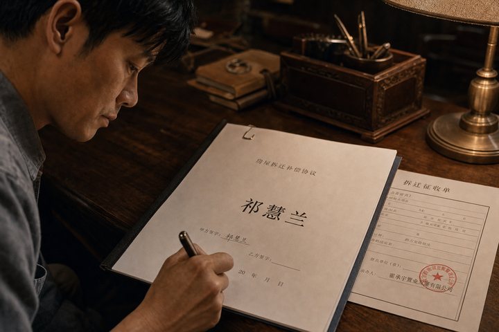 First frame: close-up of a man signing a demolition agreement